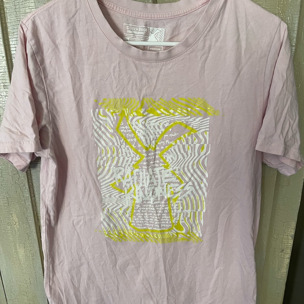 Dutch Bros Light Pink Tee with Yellow Graphic